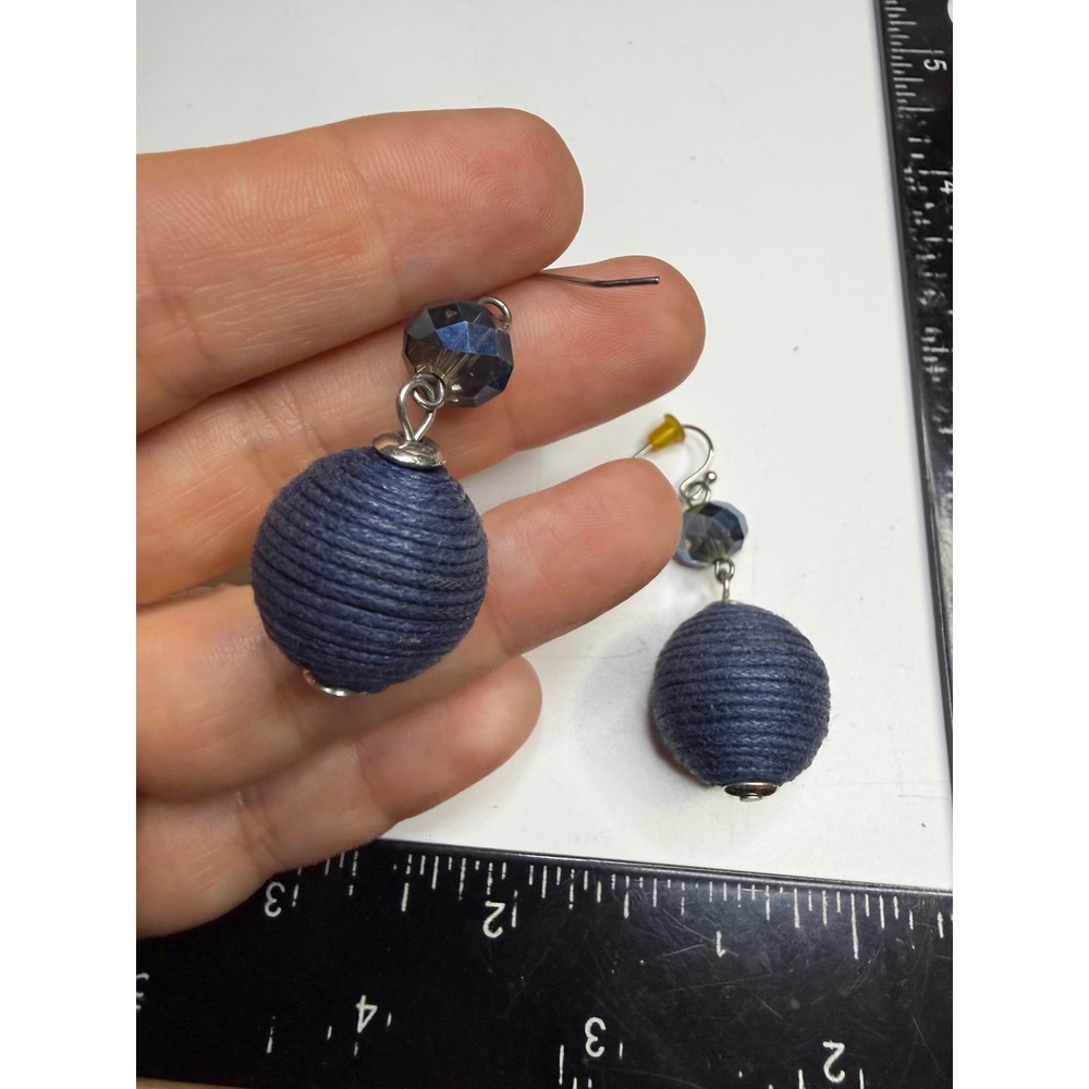 Navy Blue Cord Wrapped Ball Drop Earrings Iridescent Glass Bead Dangle Silver